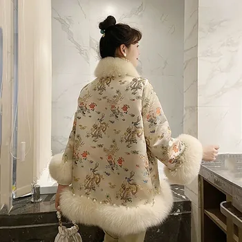 Mākslīgās Fox Kažokādas Ķīniešu Stilā Drukāt Mētelis Sievietēm Apmetnis Kažokādas Jaka Ar Garām Piedurknēm, Elegants Melns Bēšs Vintage Žaketes Virsdrēbes Apģērbi
