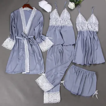 FZSLCYIYI Pajama Komplekti Sieviešu pidžamas naktskrekls Zīda mežģīnes sleepwear sieviešu Drēbes, sieviešu pidžamas komplekts 5gab/set pidžamas apakšveļa