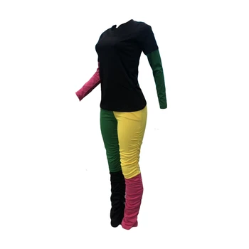 Sieviešu Apģērbu ar garām Piedurknēm Bikšu Kostīms Kontrasta Krāsu O-Apkakles Apģērbs Gadījuma Viltus Divi Gabali Set Plus Lieluma atbilstības Komplekti