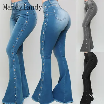 Mandylandy Sieviešu Modes Kniežu Slim Jeans Pavasara un Rudens Atpūtas tīrtoņa Krāsu Augsts Viduklis Kabatas Džinsa Bikses Uzliesmojums