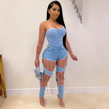 2020 sieviešu modes zilā krāsā ar augstu kabatas hip caurumu īpaša dizaina bikses sexy saspringts ķēdes stulpiņi augstās ielu modes dāma bikses