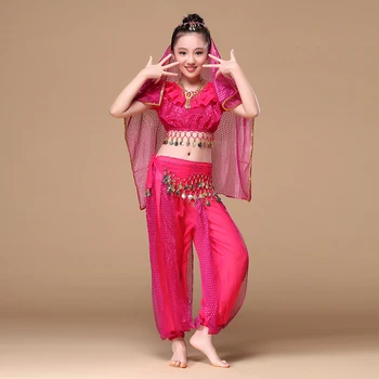 Bērnu vēdera deju tērpi jaunu Indiešu deju tērps, bērnu kostīmi 4-gabals Kostīms Komplekts (Tops, Josta, Bikses un Galvas Gabalus)