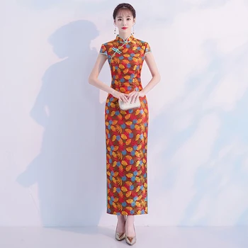 Jaunums Satīna Cheongsam Vintage Ķīniešu Stilā Ilgi Qipao Sieviešu Slim Puse Slim Kleita Retro Lady Apģērbtu Vestidos Izmērs S-2XL