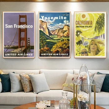 Komplekts No 3 Vintage Plakātu Ceļojumu Izdrukas No California, San Francisco Un Yosemite Sienas Mākslas Audekls Izdrukas, Gleznu Plakātu Moduļu