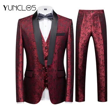Yunclos Vīriešu Uzvalki Āzijas Izmērs 3 gab (Žakete+Veste+Elsas) Izšuvumi, Banketu un Kāzu Uzvalks Ziedu Tērpu Šalle Apkakle Masculin