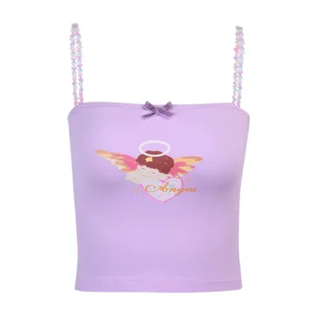 Cute angel drukāt kultūraugu top sievietes spageti siksnas cami vasaras sexy gadījuma violeta streetwear topi 2020. gadam, modes veste