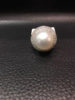 Pt900 platīna 14-15MM dabas dienvidu pērle gredzenu baltā krāsa liela pērle gredzenu, dimanta naudas sodu sieviešu rotaslietas bezmaksas piegāde