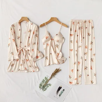 Pavasara Sieviešu Pidžamas Komplekti Drēbes+Siksna+Bikses 3Pc Uzstādīt Sexy Pyjama Satīns Print Naktsveļu Zīda Negligee Sleepwear Pyjama