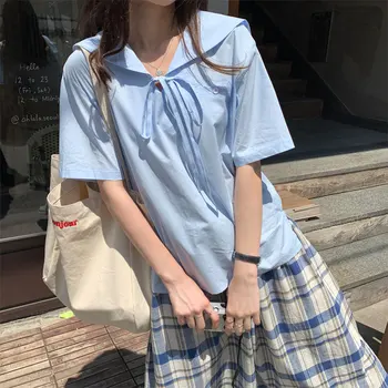2 krāsas femme sieviešu topi 2019 vasaras korejas preppy stils jūrnieks apkakles vai kabatas ar īsām piedurknēm krekls sievietēm, blūzes (X595)