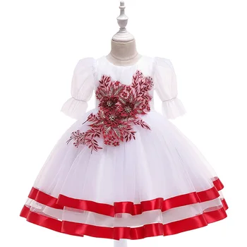Eiropas American Izšuvumi Princese Puķu Meitene Kleitas Puff Piedurknēm Ziedu Svītru Dizains Bumbu Kleita Meitenēm Balli Puse Kleitas