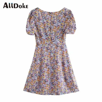 ALLDOKE boho ziedu drukāt īsa kleita sievietēm vasarā laukumā apkakles puff piedurknēm augsta vidukļa vintage dāmas līnijas kleitas vestidos