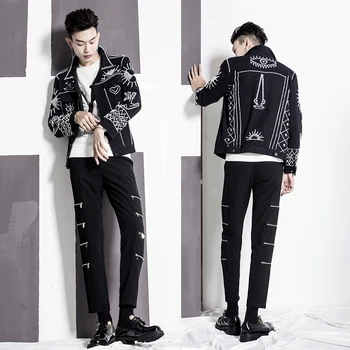 Rudens/ziemas jauno black radzēm džinsa jaka vīriešu web slavenību izšūti slim stilists jaka tendenci.