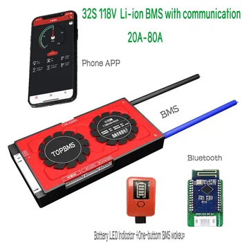 32S 118 .V Li-ion BMS 20A80A ar Bluetooth phone RS485 CANbus NTC UART LCD Li-ion akumulators 3,7 V saistīts 32 sērija