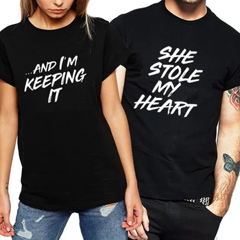Kokvilnas T-krekls, Pāris Apģērbu Cienītāji Vēstuli Izdrukāt, Viņa Nozaga Manu Sirdi Smieklīgu T Kreklu, Sieviešu Topi Plus Lieluma Sieviešu T-krekls