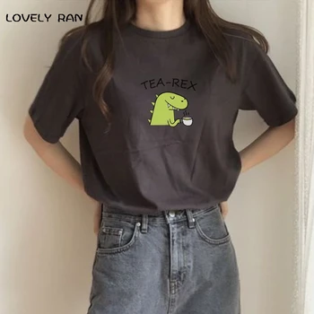 Melns Burts Zaļā Dinozauru Iespiesti Sieviešu T-Krekls Ar Īsām Piedurknēm Boyfriend Stila Konfektes Krāsu Gadījuma O-Veida Kakla Topi Mīļotājiem Tees Vasaras