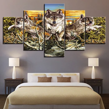 Dzīvnieku Mežu Vilks Audekla Plakāta Attēlu 5 Gabali HD Drukāt Krāsošana Sienas Māksla Mūsdienu Ziemeļvalstu Dzīvojamā Istaba Karkasa Mājas Dekoru