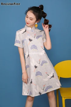 Ir 2021. ķīniešu kleita gadījuma sievietes ķīniešu stila ziedu drukas kleita cheongsam elegants zaudēt dāma kokvilnas, lina kleita qipao