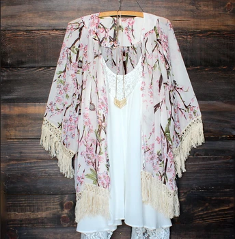 Modes Sievietes Boho Kaftan Ziedu Jaciņa Uz Augšu, Mežģīnes, Šifons Kimono Pušķis Krekls Peldvietu Beachwear
