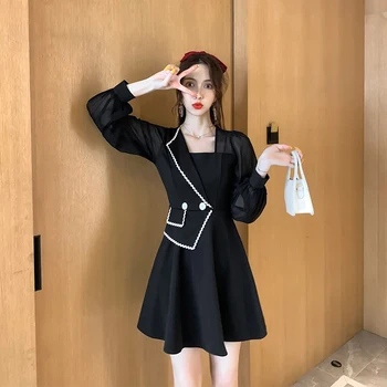 Jaunas ielidošanas darba stils ērti melna mini-line kleita temperamentīgs šifona perspektīvu, elegants, svaigs vienkāršu kleitu