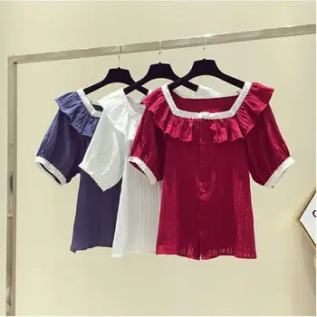 Balts Sarkans Zils Kvadrāts, Kakla Top Savirmot Blūze Pogu Up Krekls Sievietēm Korejas Drēbes, Vintage Blusas Mujer De Moda 2020. Gadam Krekli, Topi