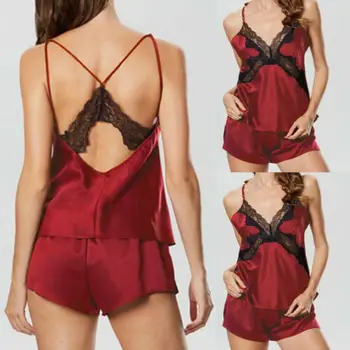 Modes Sexy Mežģīņu Apakšveļa Sleepwear Satīna V Kakla Backless Sarkanu Pidžamu Apakšveļu, Naktsveļu Sievietēm Jaunu