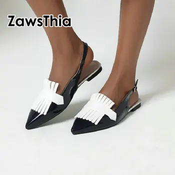 ZawsThia 2020. gada vasaras sieviešu kurpes patentu PU ādas kontrasta krāsu sieviete dzīvokļi sandales gadījuma slingback dzeltena liela izmēra 46 47 48
