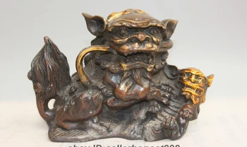 Ķīniešu Feng Shui Vara Gilt Bronza Pils Sargu Foo Suns Lauvas Statuja