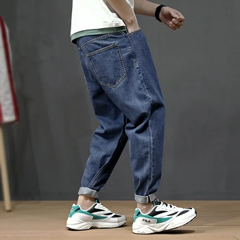Modes Streetwear Vīriešu Džinsi Loose Fit Retro Zilā Elastīgs Harēma Bikses Konusveida Bikses Korejiešu Hip Hop Džinsi Vīriešu Zīmuli Bikses
