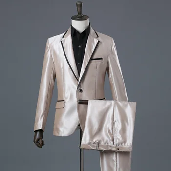 Vīriešu Uzvalks 2019 Kāzu Uzvalki Vīriešu Šalle Apkakle 2 Gabali Slim Fit Uzvalks Šampanieša Mens Royal Uzvalku Jaka