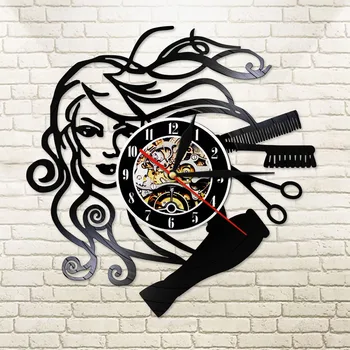Vinila ieraksts sienas pulkstenis frizieris, salons, frizētava, Retro Melns Sienas Pulkstenis frizētava dāvana sieviešu dzīves telpu dekorēšana