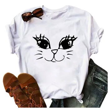 Sieviešu T-krekli 2020. gada Vasaras Kaķis Drukāt Top Sieviešu T-krekls 90s Harajuku Streetwear Apģērbu Gadījuma O-veida kakla Dāmu Topi, t-veida Krekli