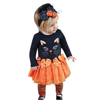 Jauno Modes Toddler Bērnu Bērniem, Meitenēm ar garām Piedurknēm Kaķis Drukāt Halloween Krekls Topi+Priekšgala TuTu Svārki Kleita 2GAB Tērpiem
