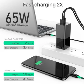 UTBVO 65W 2-Port Fast Charger Salokāms USB C, Sienas Lādētājs ar GaNFast Tech iPhone 11 12 Pro Max, Macbook Pro, Pro AirPods