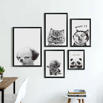 Melnā un Baltā Funny Dzīvnieku Telpu Dekorēšana Kanvas Glezna Panda Trusis, Kaķis, Suns, Plakātu Sienas Attēlu uz Dzīvojamās Istabas Sienas Dekors