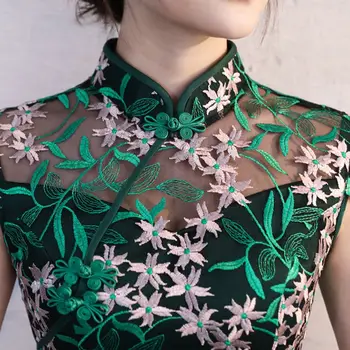 Garš Mežģīņu Cheongsam Kleita Tradicionālā Ķīniešu Kleita Dāmas zaļo Vakara Kleitas, Vintage Cheongsam Zīmolu Sieviešu ķīnas kleitu