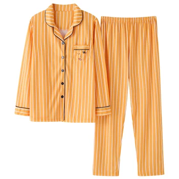 Rudens Adīti Kokvilnas Karikatūra Sieviešu Sleepwear Tērpi Striped Pajamas ar garām Piedurknēm Savukārt Apkakle Jaka Plus Lieluma Pijamas