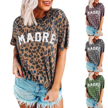 2020. gada Vasaras Sieviešu Top Madre Leopards Drukāt Apaļu Apkakli, Īsām Piedurknēm T-krekls Dāmas Pavasara Un Vasaras Gadījuma Zaudēt Tee Krekls