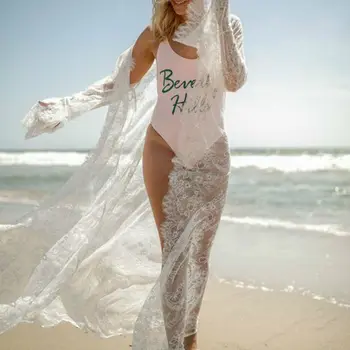 Jaunākās Sieviešu Mežģīņu Ziedu Jaciņa Beach Gara Kleita Cover-Ups Sexy Bikini Uz Augšu, Sauļošanās Beachwear