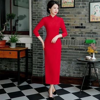 Sarkanā Sexy Sieviešu Mežģīņu Ilgi Cheongsam Tradicionālā Ķīniešu stilā Trīs Ceturtdaļu Piedurknēm Kleita Pavasara Qipao Slim Puse Kleitas Vestido