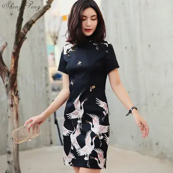 2018. gada vasarā mūsdienu sieviešu tradicionālo ķīniešu vintage kleita ar īsām piedurknēm kokvilnas ķīniešu cheongsam kleitas sievietēm qipao V985