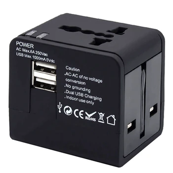 Universal Travel Adapter Elektriskās Kontaktdakšas, Rozetes Pārveidotājs ar Dual USB Uzlādes 1.0 Elektroenerģijas Melns ES Plug