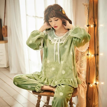 Rudens un ziemas dāmas pidžamu mazu, svaigu un saldu vēja maza margrietiņa drukāt garām piedurknēm biezs silts mājās pakalpojums atbilstu JJF0172