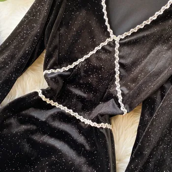 Ir 2021. Pavasara Modes Stila Jaunas Vestidos V-veida kakla Bubble Sleeve Visu Zvaigžņu Slim Samta Maxi Kleitas Sievietēm C180