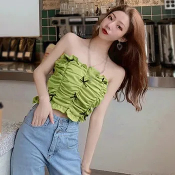 Sieviešu Vasaras Pie Pleca Sexy Beach Īss Trikotāžas Tops Saldās Dāmas korejiešu Stilā Strapless Topi 2020