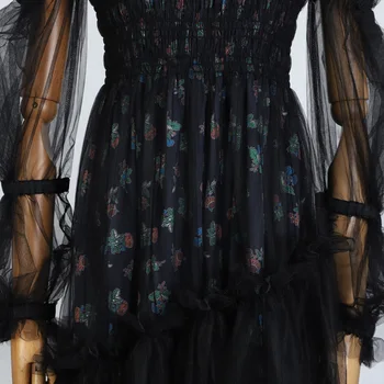OXANT Sieviešu Mežģīņu Kleitu Modes Ārvalstu Stila Slash Kakla Laternu Piedurknēm Marli Sadalīti Ziedu Condole Jostas Kleita