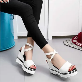 Peep Toe Ķīļi Augsta papēža, Platformas sandales sieviešu 2019 vasaras kurpes sieviete Modes Rhinestone Bling Sprādze Siksnas sieviešu kurpes