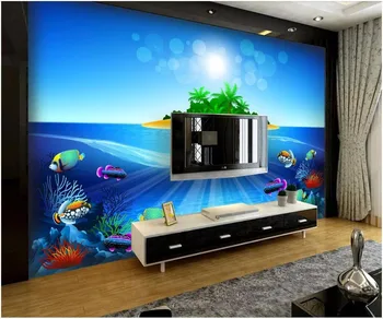 Pielāgotus foto sienas 3d tapetes Zilā okeāna salu karikatūra zivju tv fonā mājas sienas dekors dzīvojamā istaba tapetes sienām, 3d