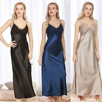Sievietes, Dāmas Sexy Satīna Ilgi Nightdress Zīda Mežģīņu Naktskrekls Sleepwear