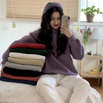 9 krāsas 2019 rudens korejiešu stilā zaudēt vienkrāsainu džemperi puse augstu uzrullētu apkakli sieviešu krekls (C2113)