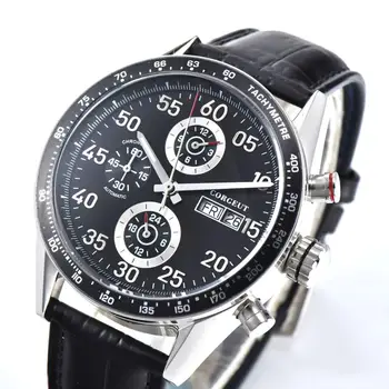 Corgeut44mm black dial datums luksusa nerūsējoša tērauda ūdensizturīgs Daudzfunkciju automātiskā kustības mehānisks rokas pulkstenis vīriešiem āda